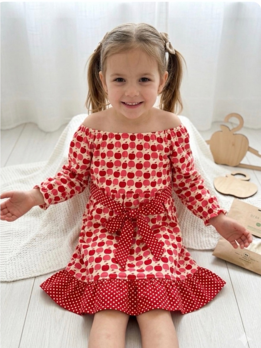 Girls Red Apple-Print Off-Shoulder Dress with Polka Dot Bow